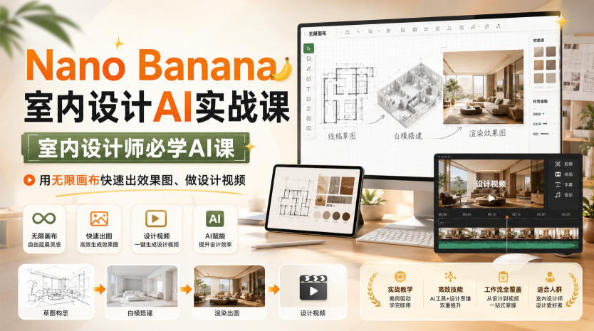 Nano Banana室内设计AI实战课,室内设计师必学AI课,用无限画布快速出效果图、做设计视频|副业联盟