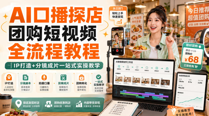 AI口播探店团购短视频全流程教程｜IP打造+分镜成片一站式实操教学 - 副业联盟|副业联盟