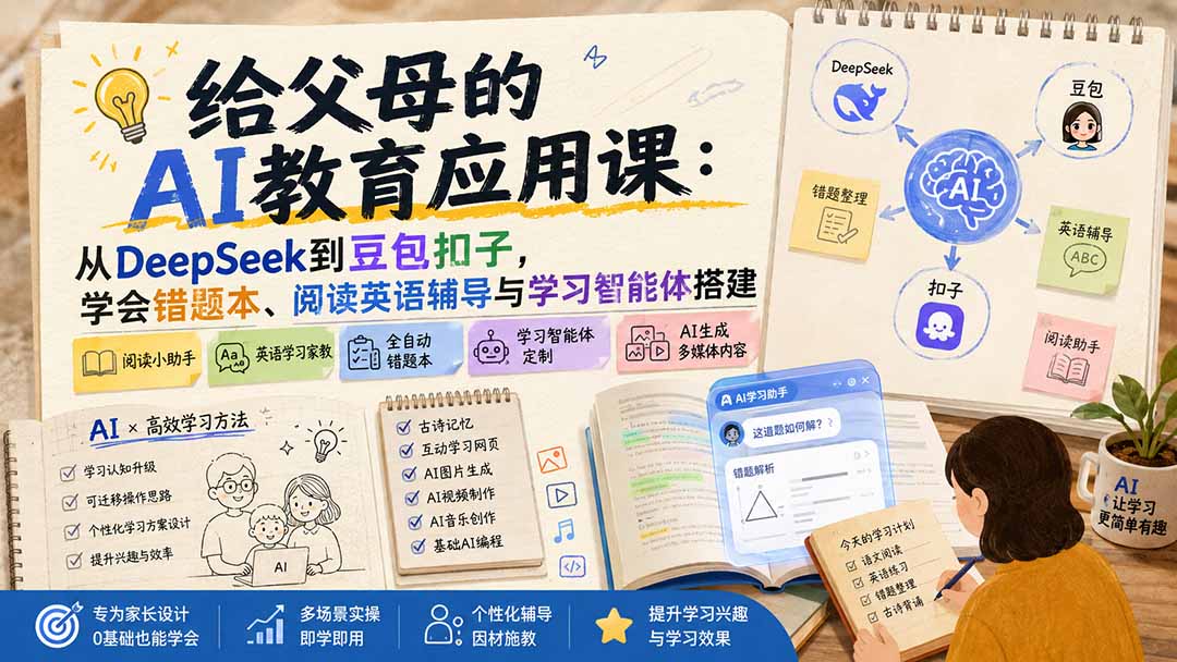 给父母的AI教育应用课：从DeepSeek到豆包扣子，学会错题本、阅读英语辅导与学习智能体搭建|副业联盟