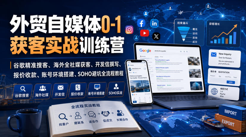 外贸自媒体0-1获客实战训练营|谷歌精准搜客、海外全社媒获客、开发信撰写、报价收款、账号环境搭建、SOHO避坑全流程教程(更新)|副业联盟