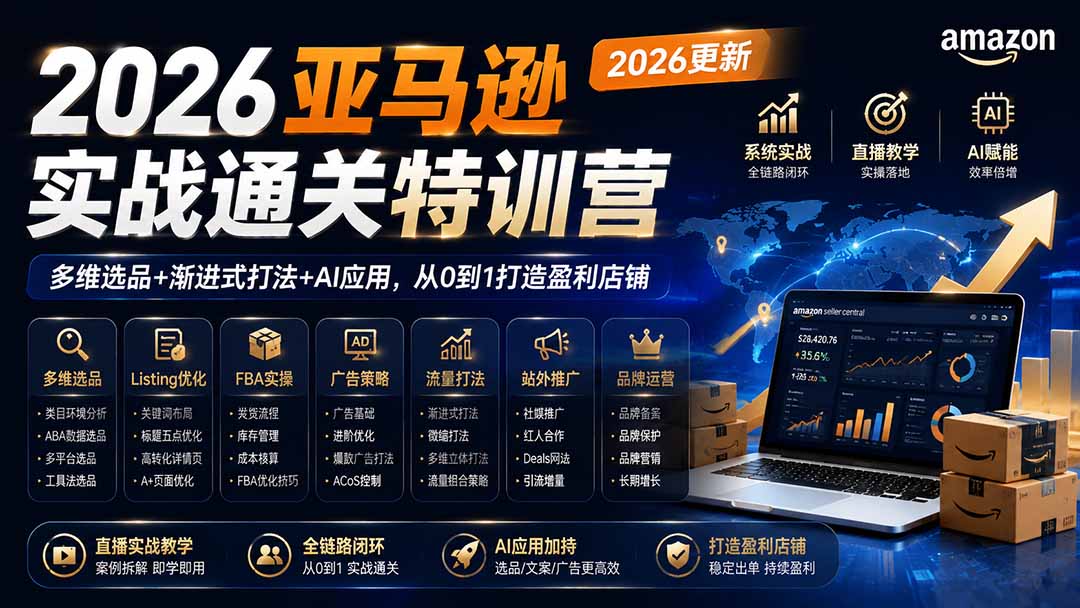 2026亚马逊实战通关特训营-2026更新,多维选品+渐进式打法+AI应用,从0到1打造盈利店铺|副业联盟