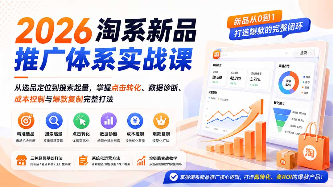 2026淘系新品推广体系实战课:从选品定位到搜索起量,掌握点击转化、数据诊断、成本控制与爆款复制完整打法|副业联盟