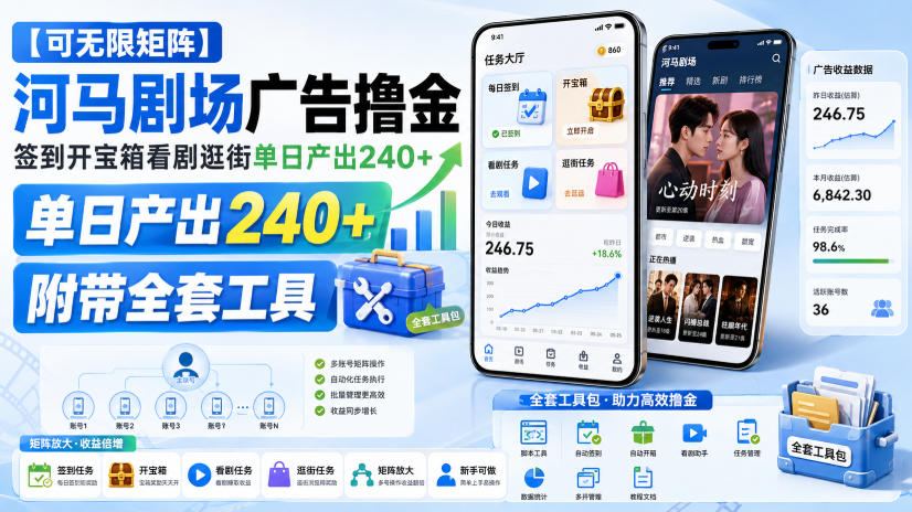 【可无限矩阵】河马剧场广告撸金，签到开宝箱看剧逛街单日产出240+，附带全套工具【揭秘】 - 副业联盟|副业联盟