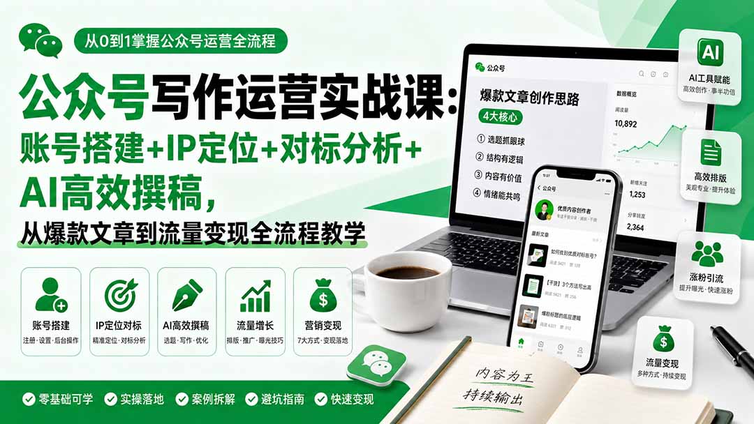 公众号写作运营实战课:账号搭建+IP定位+对标分析+AI高效撰稿,从爆款文章到流量变现全流程教学|副业联盟