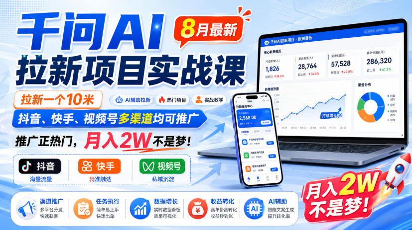 千问AI拉新项目实战课8月最新,拉新一个10米,抖音、快手、视频号多渠道均可推广,推广正热门,月入2W不是梦!