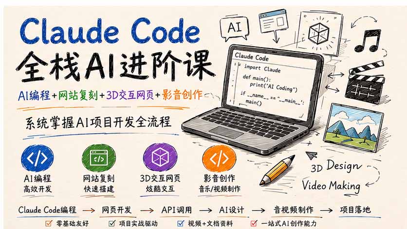 Claude Code全栈AI进阶课;AI编程+网站复刻+3D交互网页+影音创作,系统掌握AI项目开发全流程|副业联盟