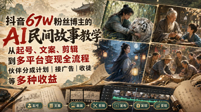 抖音67W粉丝博主的AI民间故事教学,从起号、文案、剪辑到多平台变现全流程,伙伴分成计划接广告等多种收益,月入1W+|副业联盟