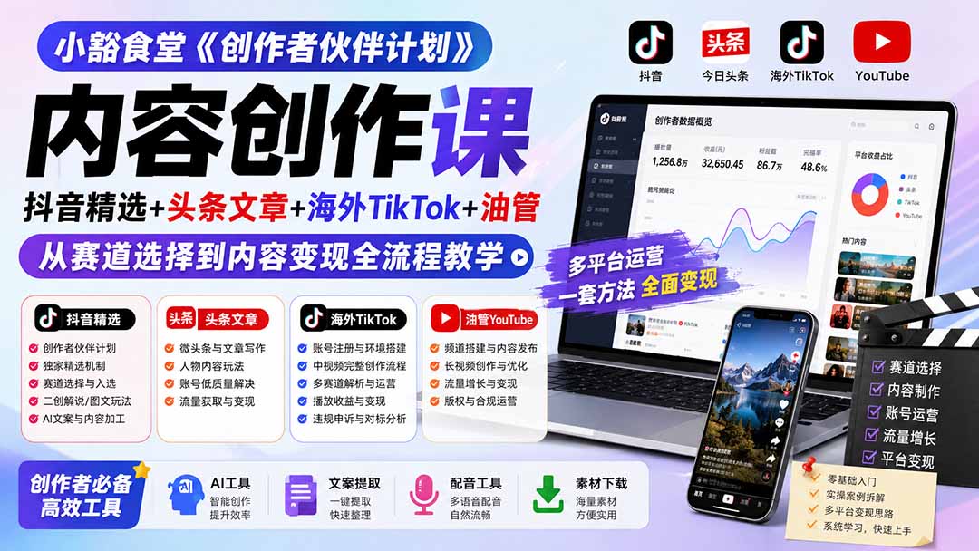 小豁食堂《创作者伙伴计划》内容创作课:抖音精选+头条文章+海外TikTok+油管,从赛道选择到内容变现全流程教学|副业联盟