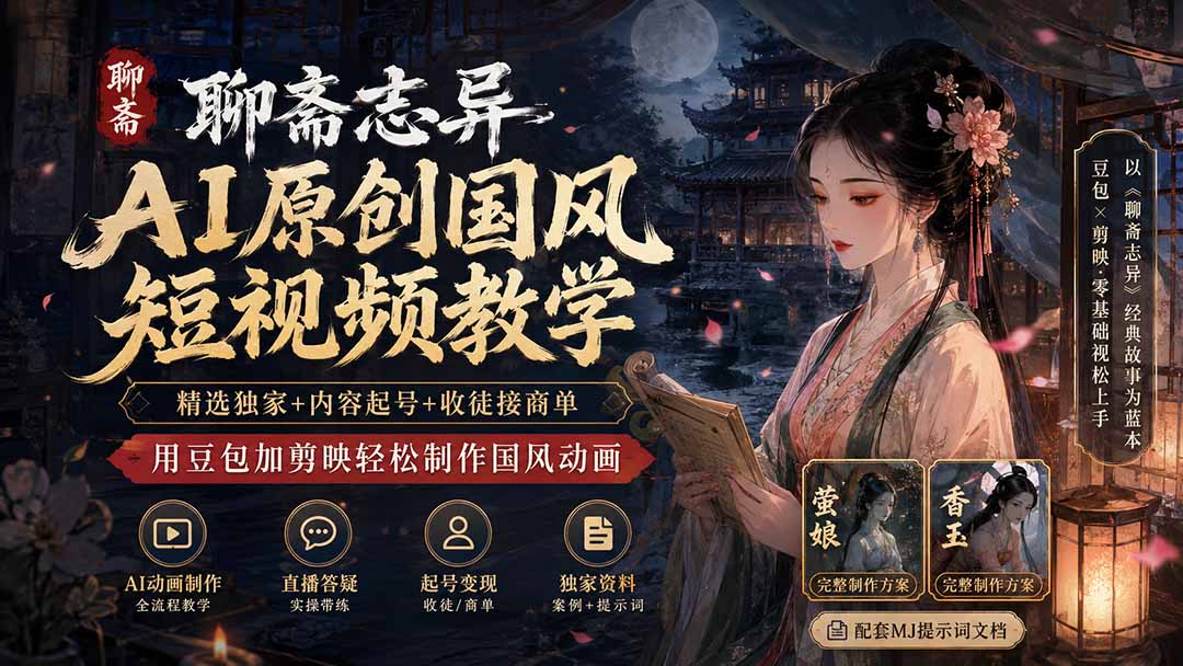 聊斋志异AI原创国风短视频教学-更新；精选独家+内容起号+收徒接商单，用豆包加剪映轻松制作国风动画 - 副业联盟|副业联盟