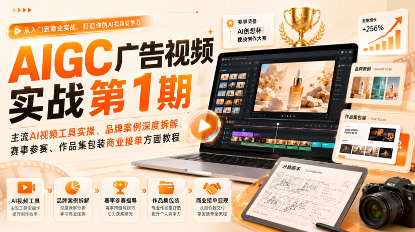 AIGC广告视频实战第1期,主流AI视频工具实操、品牌案例深度拆解、赛事参赛、作品集包装商业接单方面教程|副业联盟