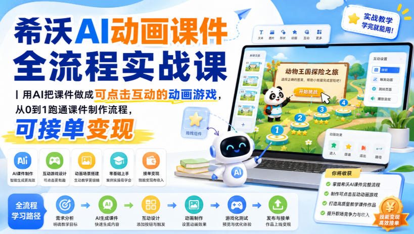 希沃AI动画课件全流程实战课｜用AI把课件做成可点击互动的动画游戏，从0到1跑通课件制作流程，可接单变现 - 副业联盟|副业联盟
