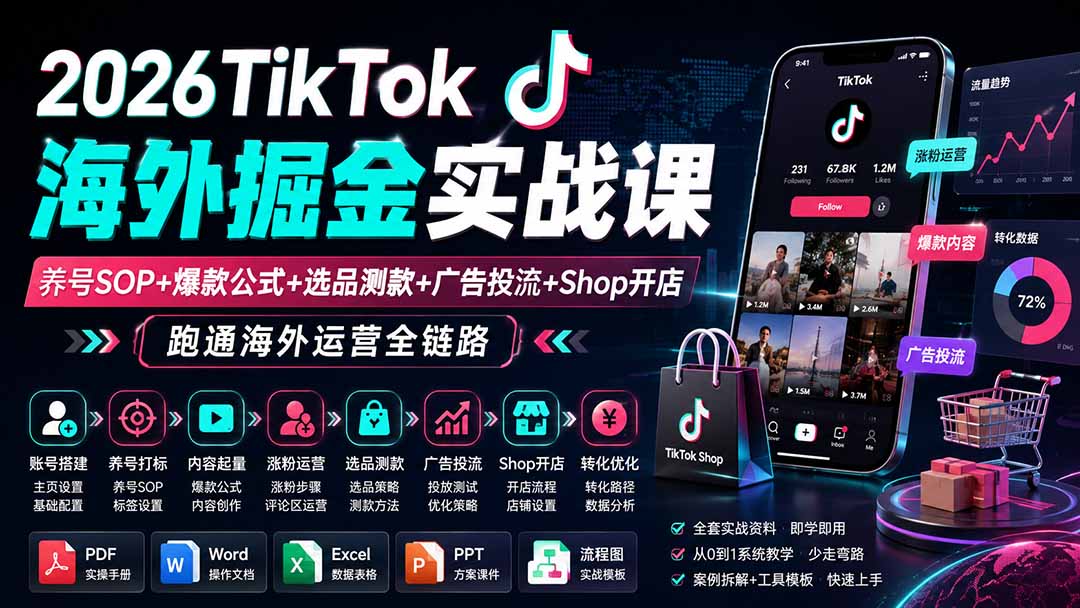 2026TikTok海外掘金实战课——养号SOP+爆款公式+选品测款+广告投流+Shop开店,跑通海外运营全链路|副业联盟
