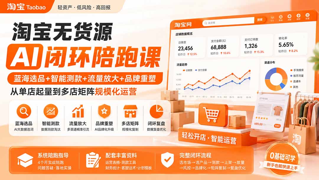 淘宝无货源AI闭环陪跑课:蓝海选品+智能测款+流量放大+品牌重塑,从单店起量到多店矩阵规模化运营|副业联盟