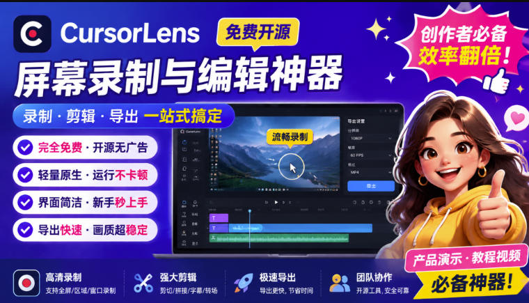 CursorLens免费开源录屏工具,支持自动缩放,教程视频录制必备神器|副业联盟