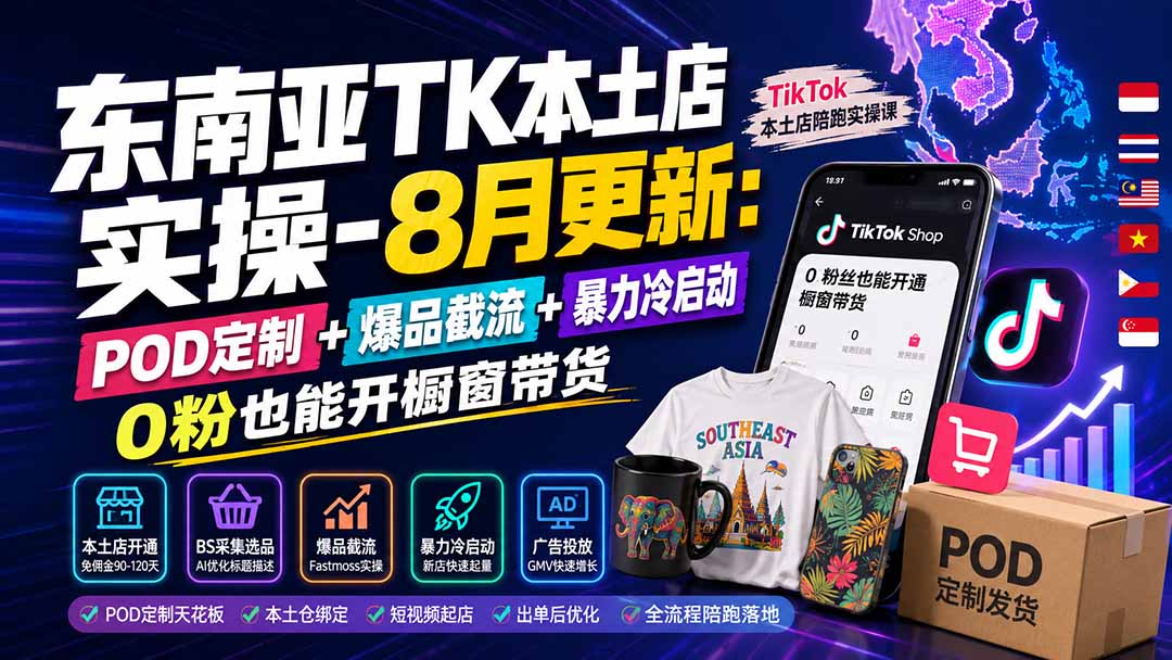 东南亚TK本土店实操-8月更新:POD定制+爆品截流+暴力冷启动,0粉也能开橱窗带货|副业联盟