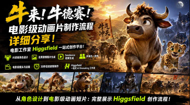 牛来!牛德赛!电影级动画片制作流程详细分享!电影工作室Higgsfield一站式创作平台,完整创作流程|副业联盟