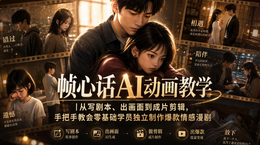 帧心话AI动画教学｜从写剧本、出画面到成片剪辑，手把手教会零基础学员独立制作爆款情感漫剧|副业联盟
