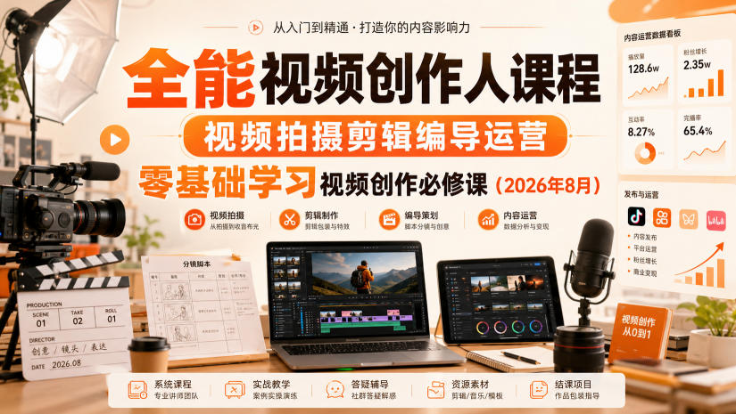 全能视频创作人课程，视频拍摄剪辑编导运营，零基础学习视频创作必修课(2026年8月) - 副业联盟|副业联盟