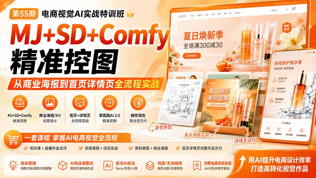 电商视觉 AI实战训练营第55期：MJ+SD+Comfy精准控图，从商业海报到首页详情页全流程实战|副业联盟