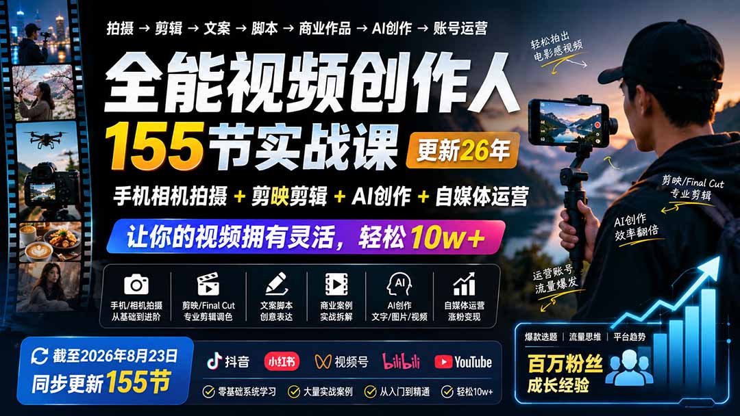 全能视频创作人155节实战课-更新26年8月:手机相机拍摄+剪映剪辑+AI创作+自媒体运营,让你的视频拥有灵活,轻松10w|副业联盟