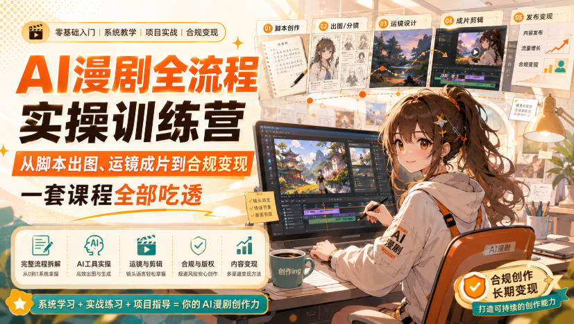 AI漫剧全流程实操训练营,从脚本出图、运镜成片到合规变现,一套课程全部吃透|副业联盟