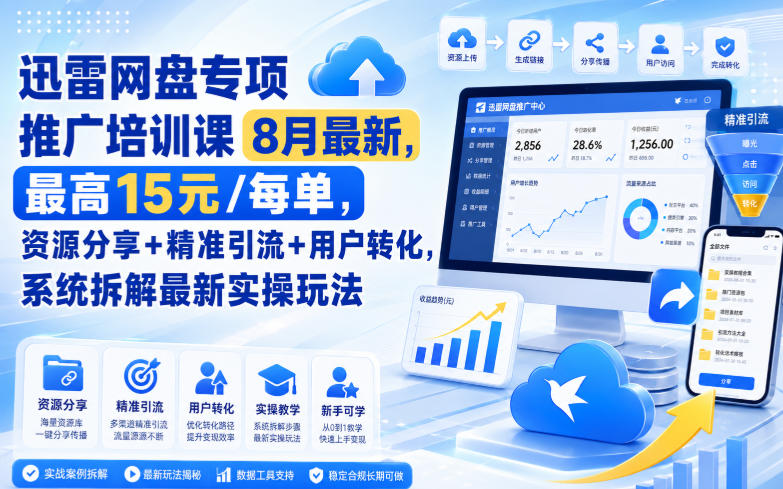 迅雷网盘专项推广培训课8月最新,最高15米/每单,资源分享+精准引流+用户转化,系统拆解最新实操玩法(更新0824)|副业联盟