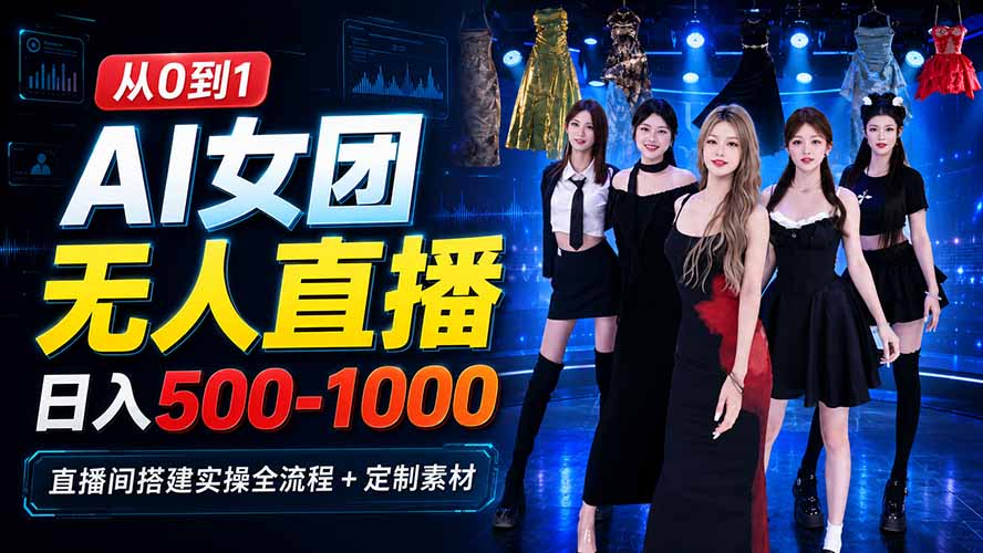 AI 女团无人直播，躺入500-1000每天，直播间搭建实操全流程+定制素材 - 副业联盟|副业联盟