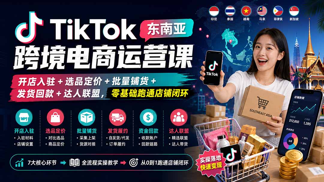 TikTok东南亚跨境电商运营课：开店入驻+选品定价+批量铺货+发货回款+达人联盟，零基础跑通店铺闭环 - 副业联盟|副业联盟