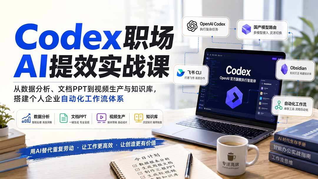 Codex职场AI提效实战课：从数据分析、文档PPT到视频生产与知识库，搭建个人企业自动化工作流体系|副业联盟
