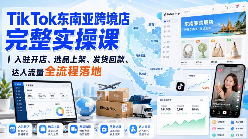 TikTok东南亚跨境店完整实操课|入驻开店、选品上架、发货回款、达人流量全流程落地|副业联盟
