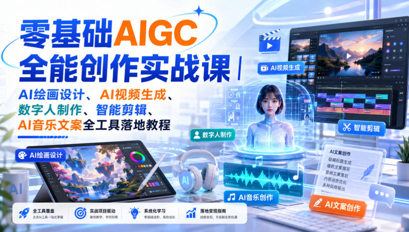 零基础AIGC全能创作实战课|AI绘画设计、AI视频生成、数字人制作、智能剪辑、AI音乐文案全工具落地教程|副业联盟