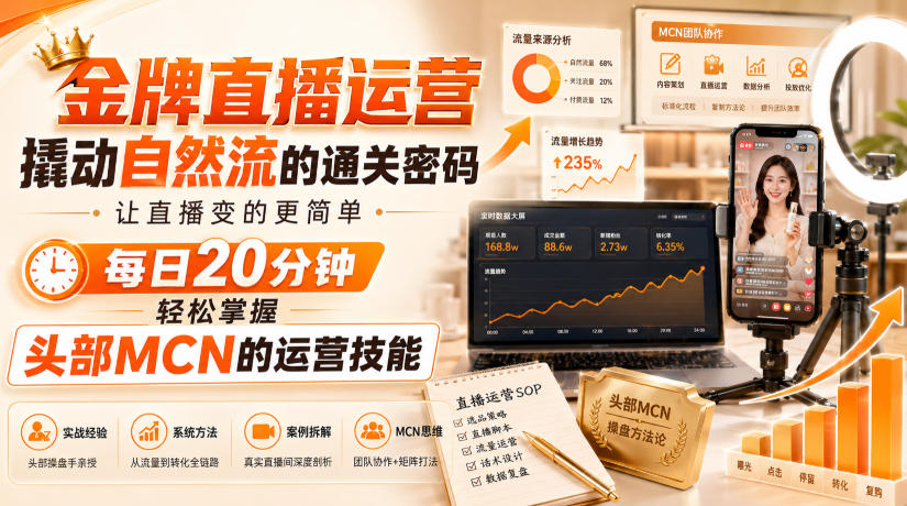 金牌直播运营撬动自然流的通关密码,让直播变的更简单,每日20分钟,轻松掌握头部MCN的运营技能|副业联盟