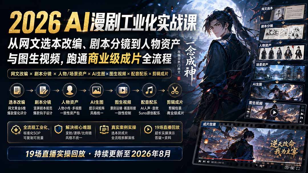 2026 AI漫剧工业化实战课-更新:从网文选本改编、剧本分镜到人物资产与图生视频,跑通商业级成片全流程|副业联盟