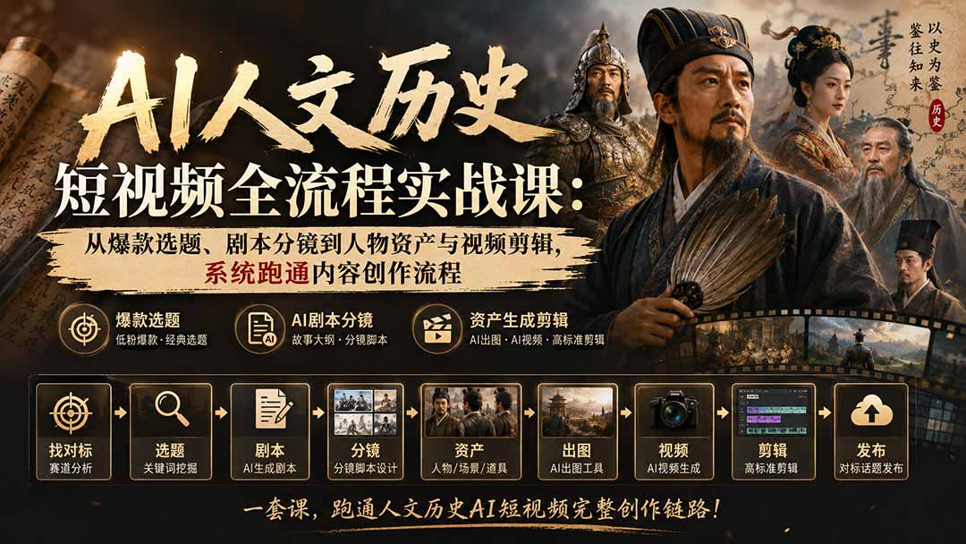 AI人文历史短视频全流程实战课：从爆款选题、剧本分镜到人物资产与视频剪辑，系统跑通内容创作流程 - 副业联盟|副业联盟