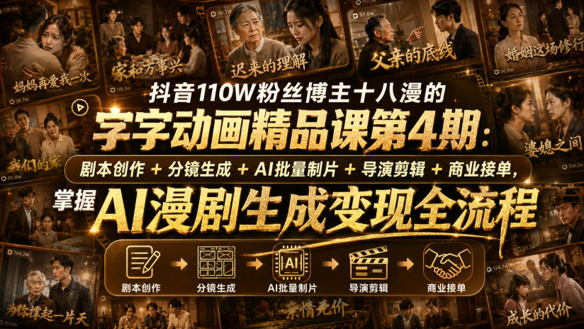 抖音110W粉丝博主十八漫的字字动画精品课第4期：剧本创作+分镜生成+剪辑+商业接单，掌握AI漫剧生成变现全流程 - 副业联盟|副业联盟