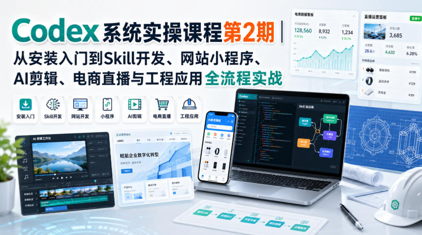 Codex系统实操课程第2期|从安装入门到Skill开发、网站小程序、AI剪辑、电商直播与工程应用全流程实战|副业联盟