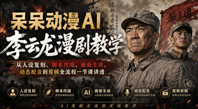 呆呆动漫AI李云龙漫剧教学，从人设复刻、脚本改编、画面生成、动态配音到剪辑全流程一节课讲透 - 副业联盟|副业联盟