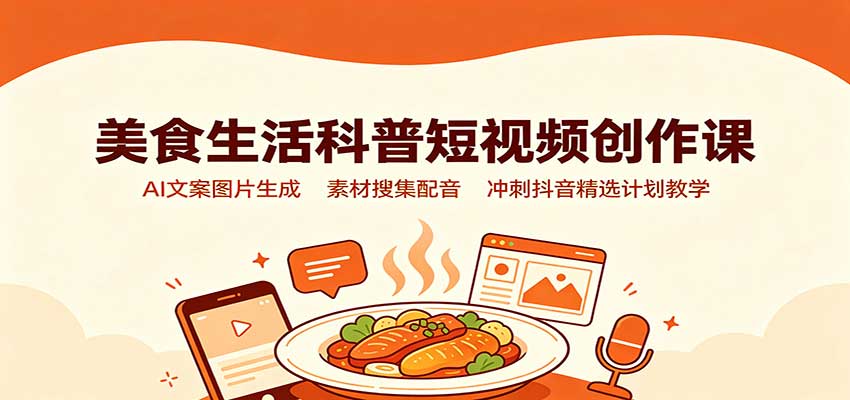 美食生活科普短视频创作课：AI文案图片生成，素材搜集配音，冲刺抖音精选计划教学 - 副业联盟|副业联盟