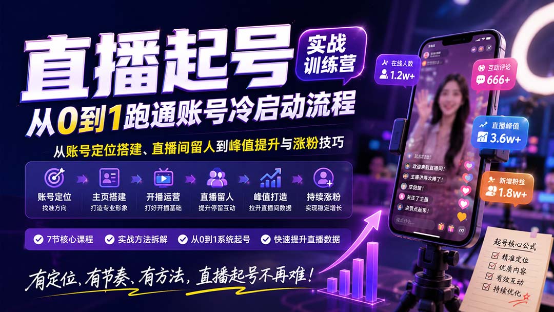 直播起号实战训练营:从账号定位搭建、直播间留人到峰值提升与涨粉技巧,系统跑通账号冷启动流程|副业联盟