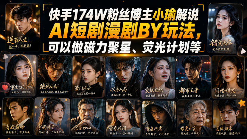 快手174W粉丝博主小瑜解说AI短剧漫剧搬运玩法,可以做磁力聚星、荧光计划等|副业联盟