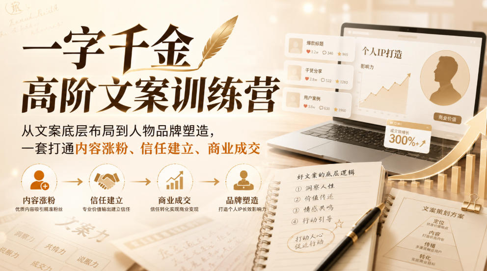 一字千金高阶文案训练营,从文案底层布局到人物品牌塑造,一套打通内容涨粉、信任建立、商业成交|副业联盟