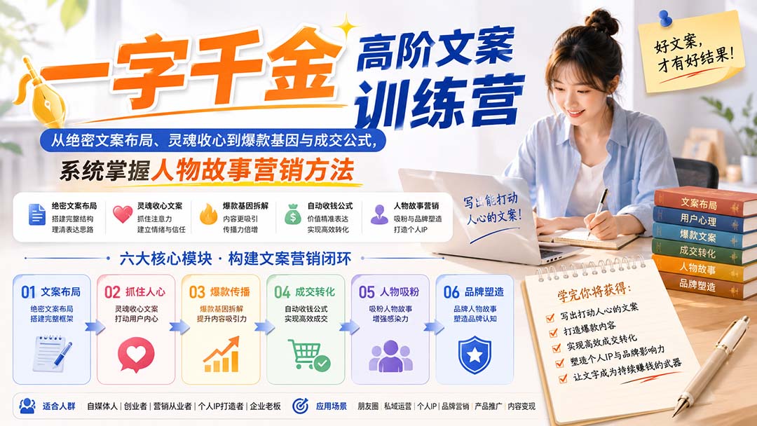 一字千金高阶文案训练营:从绝密文案布局、灵魂收心到爆款基因与成交公式,系统掌握人物故事营销方法|副业联盟
