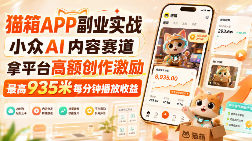 猫箱APP副业实战，小众AI内容赛道，拿平台高额创作激励，最高935米每分钟播放收益 - 副业联盟|副业联盟
