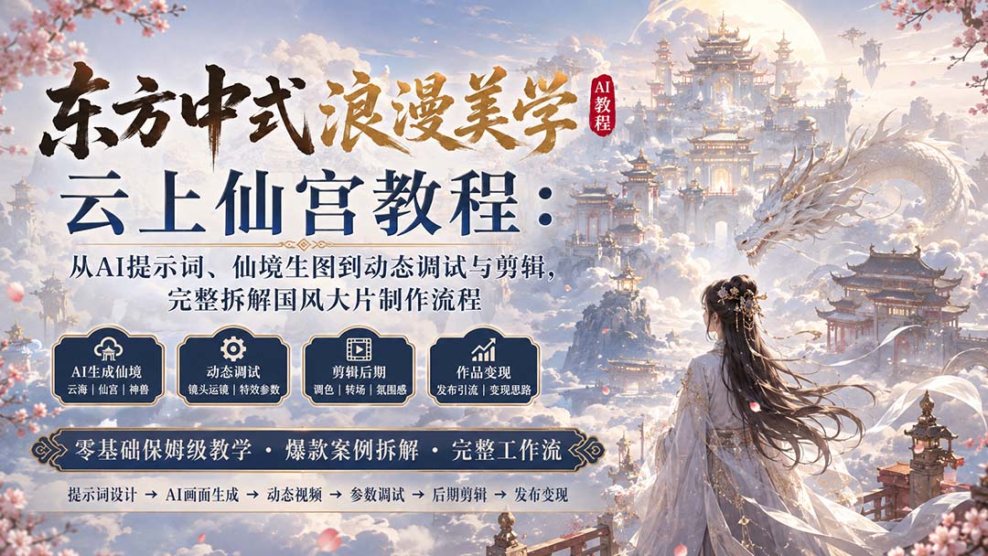 东方中式浪漫美学云上仙宫教程:从AI提示词、仙境生图到动态调试与剪辑,完整拆解国风大片制作流程|副业联盟