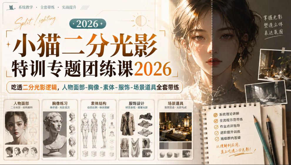 小猫二分光影特训专题团练课2026|吃透二分光影逻辑,人物面部‑胸像‑素体‑服饰‑场景道具全套带练,高清画质附赠课件与笔刷|副业联盟