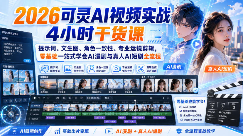 2026可灵AI视频实战4小时干货课|提示词、文生图、角色一致性、专业运镜剪辑,零基础一站式学会AI漫剧与真人AI短剧全流程|副业联盟