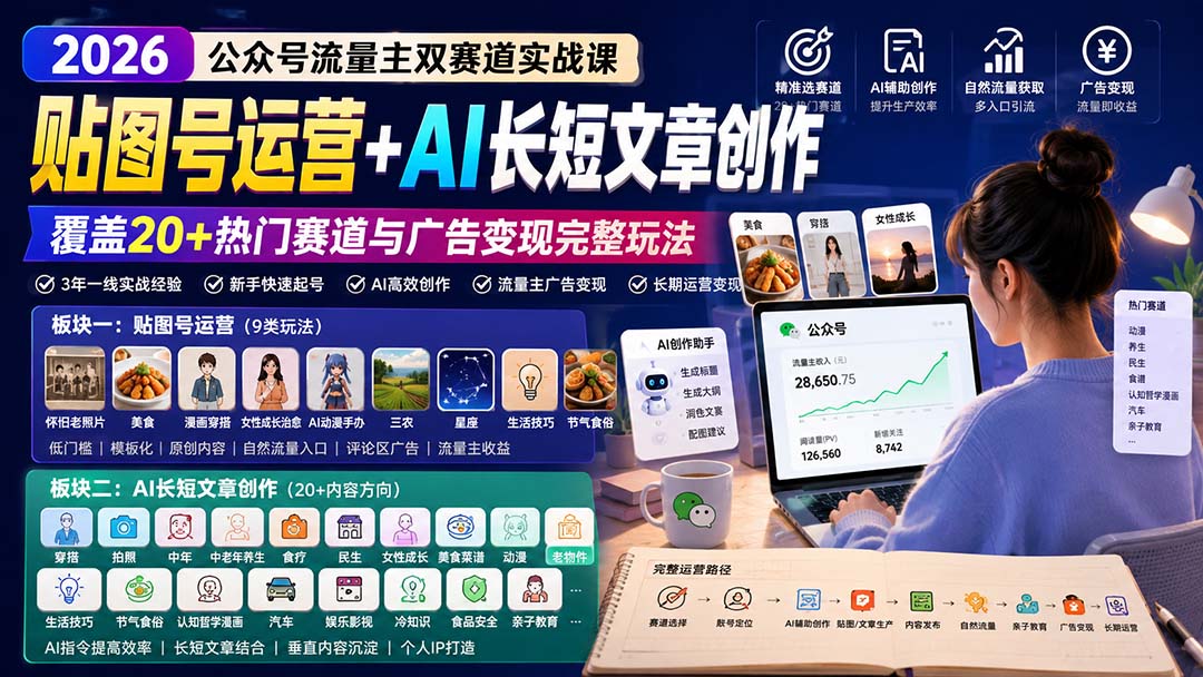 公众号流量主双赛道实战课：贴图号运营+AI长短文章创作，覆盖20+热门赛道与广告变现完整玩法|副业联盟