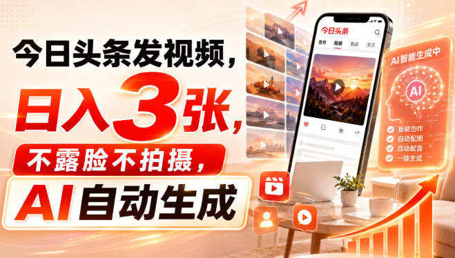 今日头条发视频,日入3张,不露脸不拍摄,AI自动生成|副业联盟