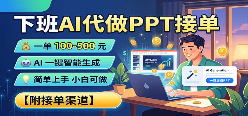 下班AI代做PPT接单,一单100-500,AI一键生成,小白也能做,附接单渠道|副业联盟