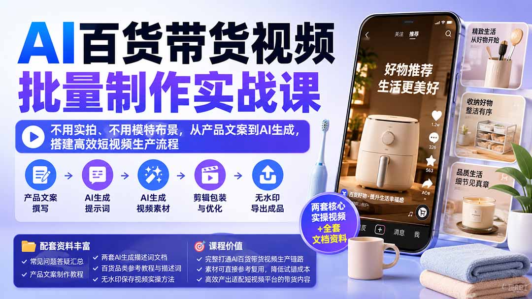 AI百货带货视频批量制作实战课:不用实拍、不用模特布景,从产品文案到AI生成,搭建高效短视频生产流程|副业联盟